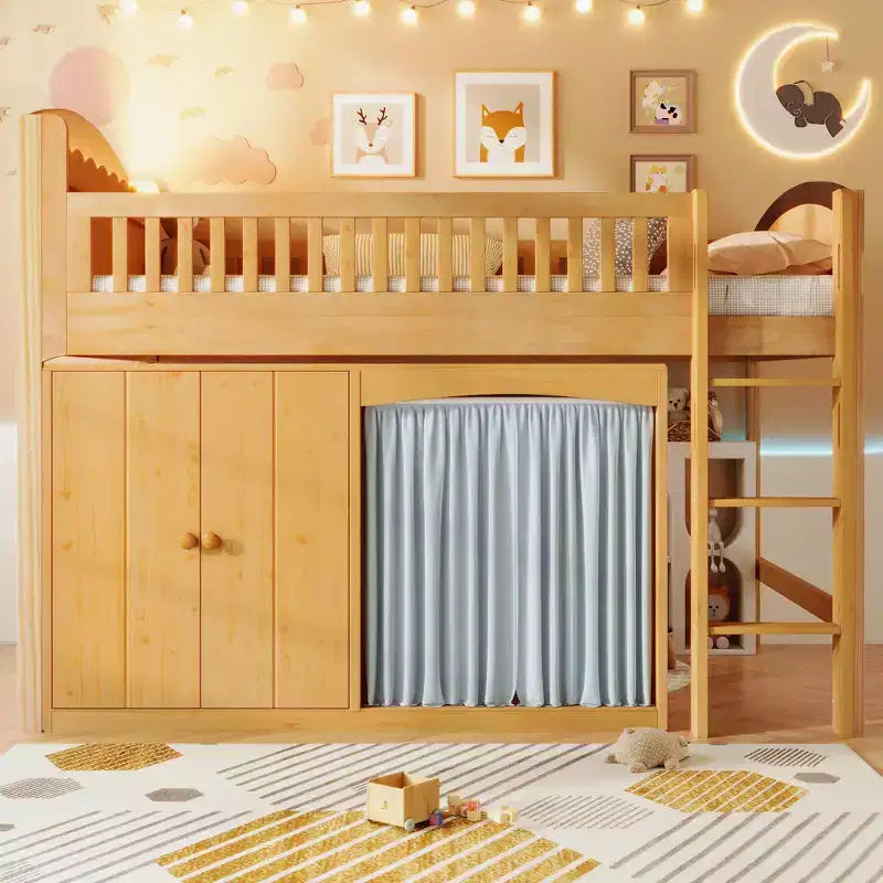 Letto a soppalco bianco/legno con armadietto contenitore, guardaroba e LED — Singolo / Una piazza e mezza, 1 persona