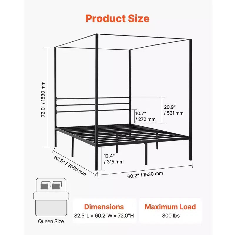 Struttura letto a baldacchino con tenda a quattro montanti in metallo nero – Queen