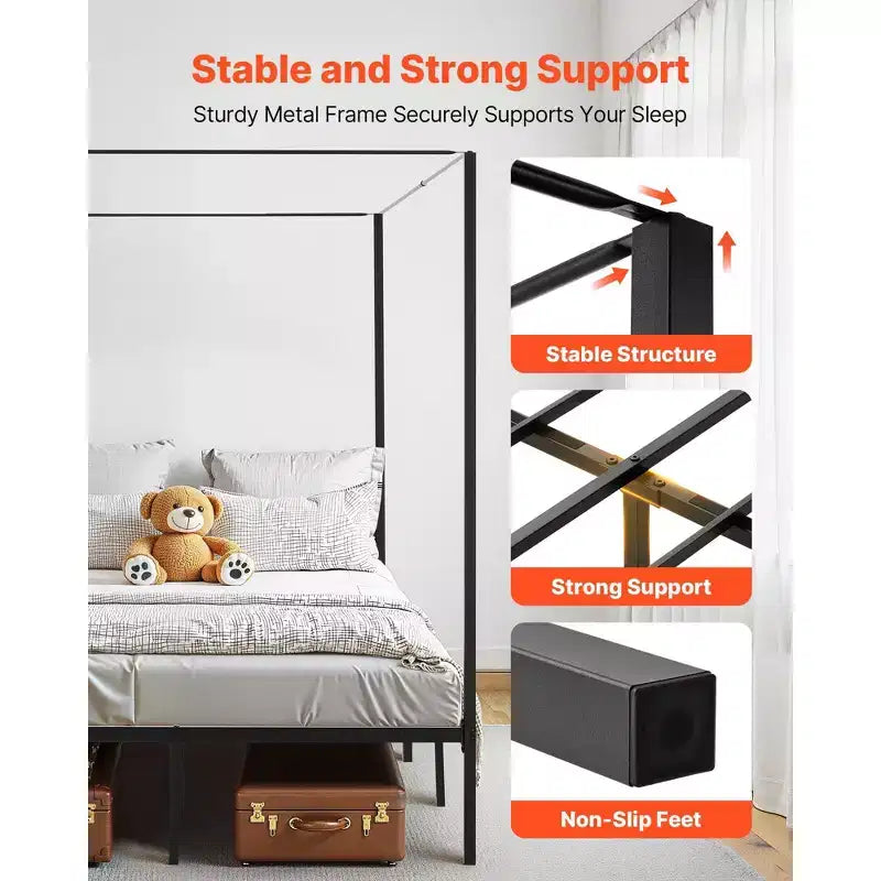 Struttura letto a baldacchino con tenda a quattro montanti in metallo nero – Queen
