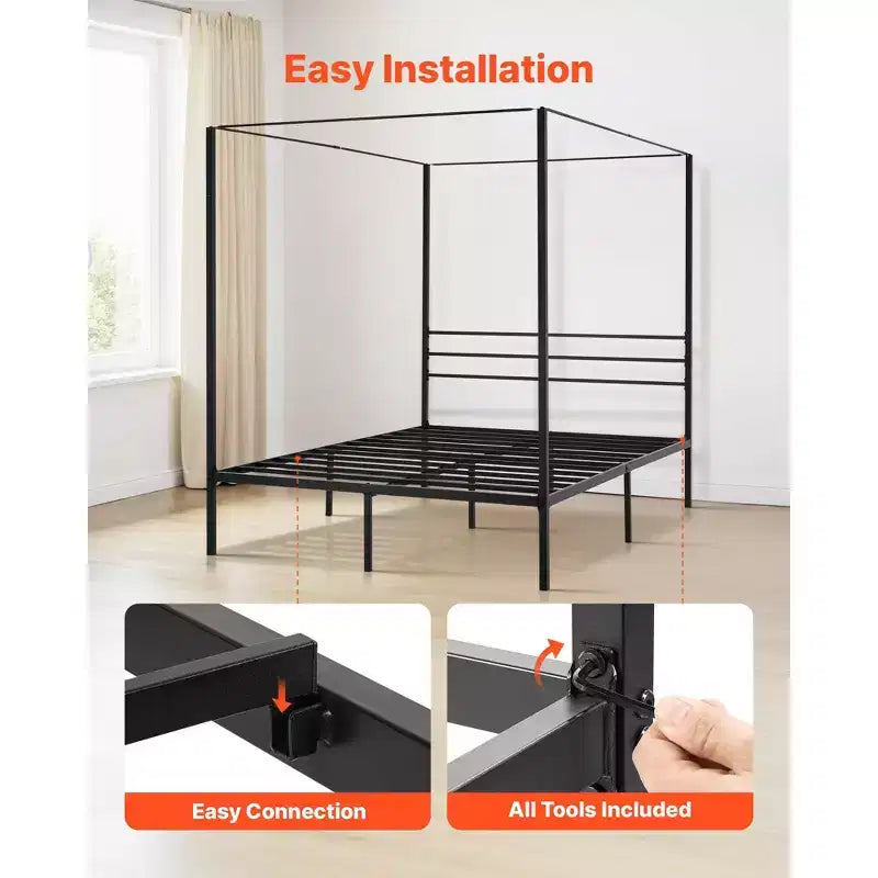 Struttura letto a baldacchino con tenda a quattro montanti in metallo nero – Queen