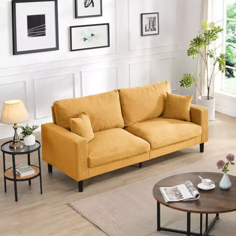 Divano a 3 posti in velluto a coste grigio/grigio chiaro/giallo con 2 cuscini decorativi