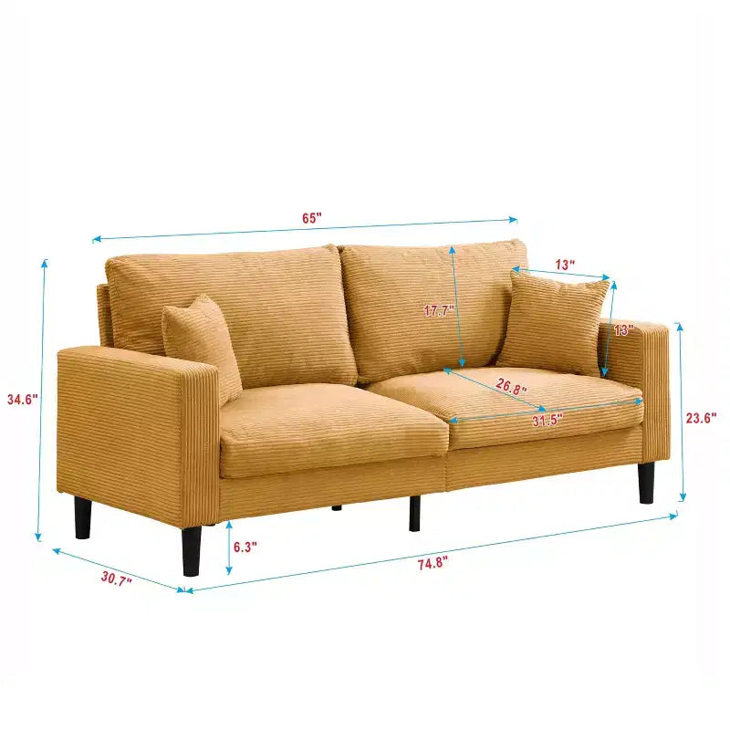 Divano a 3 posti in velluto a coste grigio/grigio chiaro/giallo con 2 cuscini decorativi