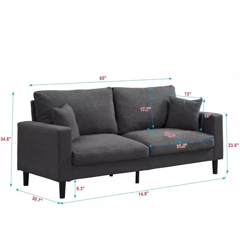 Divano a 3 posti in velluto a coste grigio/grigio chiaro/giallo con 2 cuscini decorativi