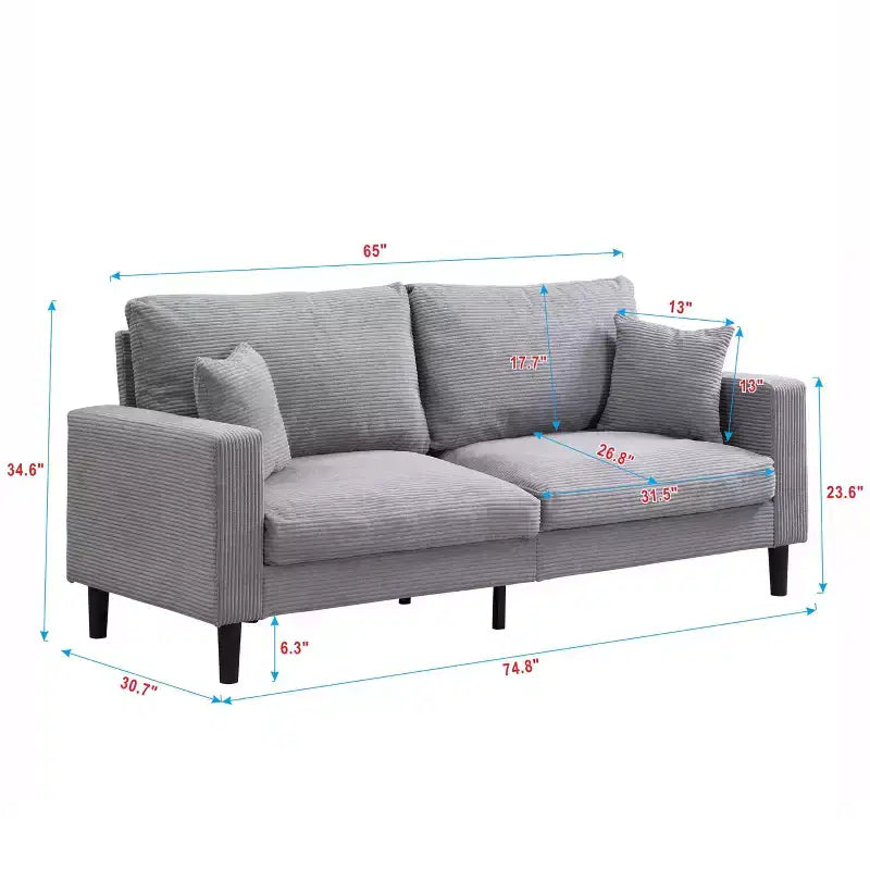 Divano a 3 posti in velluto a coste grigio/grigio chiaro/giallo con 2 cuscini decorativi