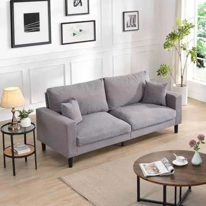 Divano a 3 posti in velluto a coste grigio/grigio chiaro/giallo con 2 cuscini decorativi