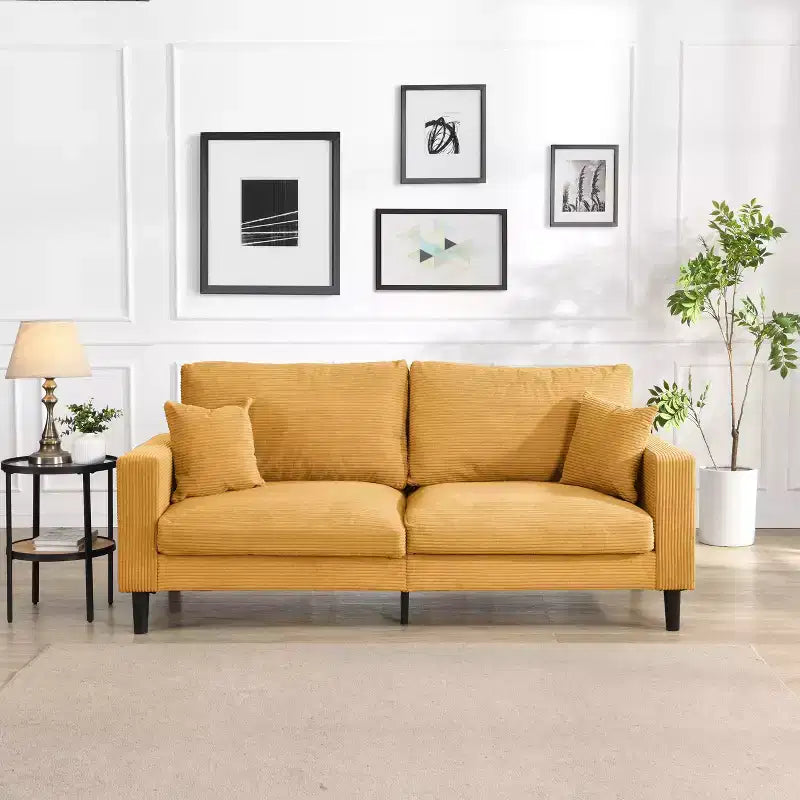 Divano a 3 posti in velluto a coste grigio/grigio chiaro/giallo con 2 cuscini decorativi