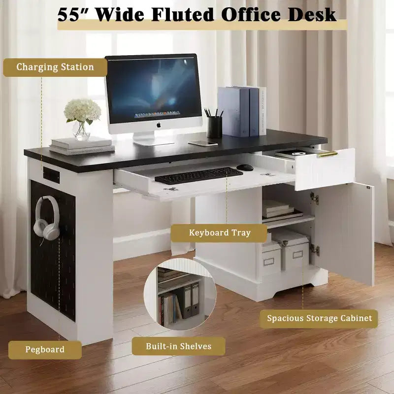 Scrivania moderna scanalata da ufficio 55", rovere chiaro/bianco, singola