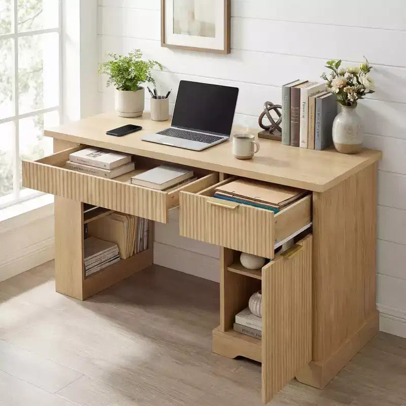 Scrivania moderna scanalata da ufficio 55", rovere chiaro/bianco, singola