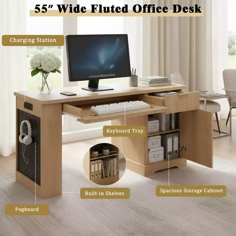 Scrivania moderna scanalata da ufficio 55", rovere chiaro/bianco, singola