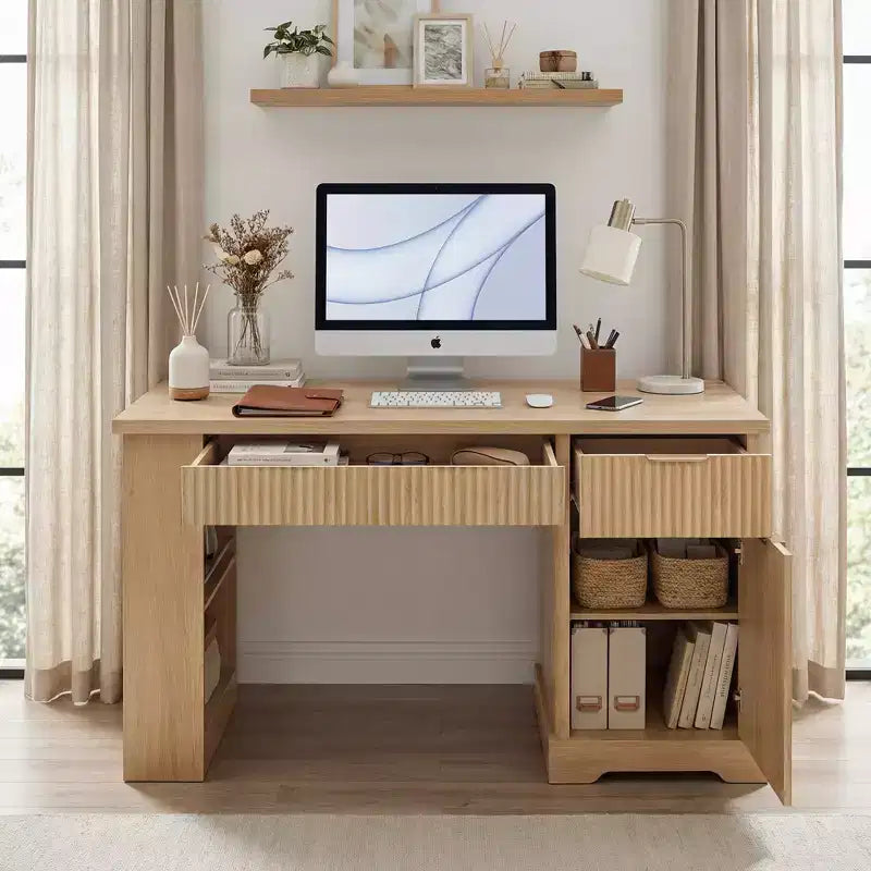 GDFStudio Haoran 55'' Modern Fluted Office Desk with Power Outlet, Keyboard Tray, Door and Drawers
