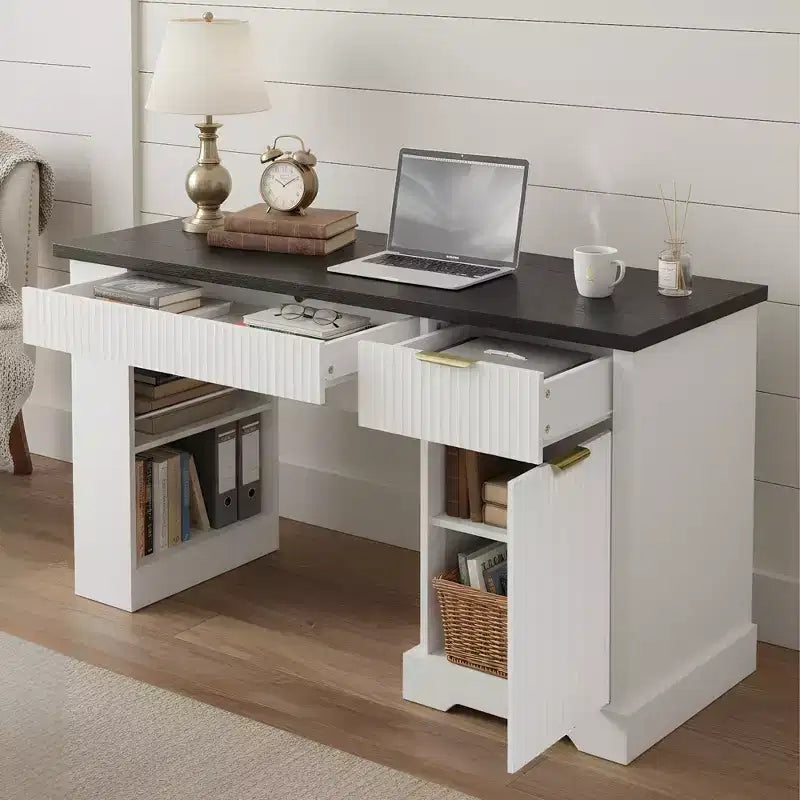 Scrivania moderna scanalata da ufficio 55", rovere chiaro/bianco, singola