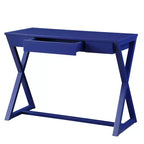 Scrivania blu con cassetto, base a X, 1 persona