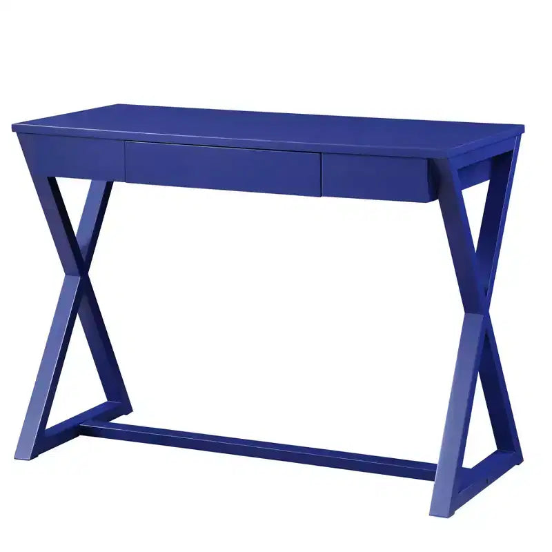 Scrivania blu con cassetto, base a X, 1 persona