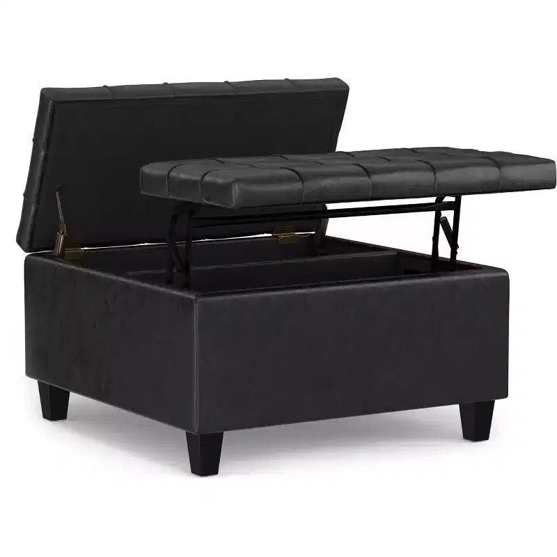 Elliot 30 inch Wide Transitional Small Square Coffee Table Storage Ottoman in Vegan Leather