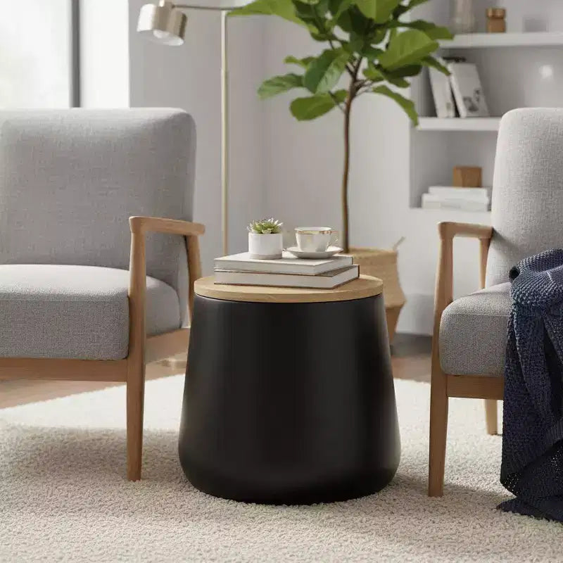 Tavolino rotondo contenitore bianco/nero con piano in legno rimovibile, 1 pezzo