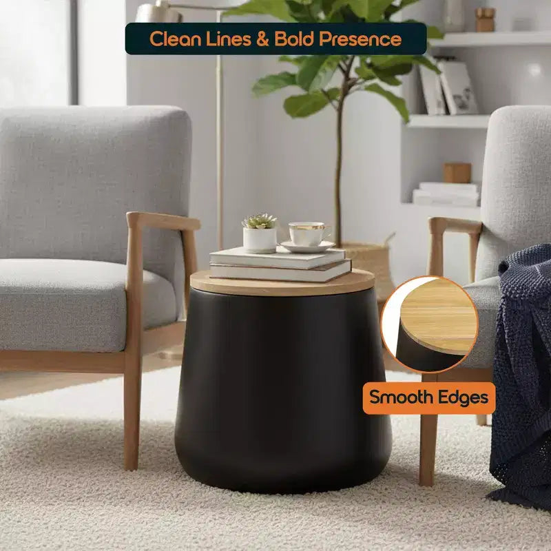 Tavolino rotondo contenitore bianco/nero con piano in legno rimovibile, 1 pezzo