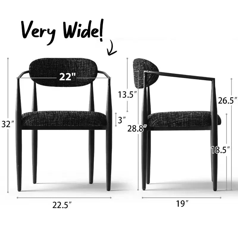 Sedie da pranzo con braccioli in ciniglia beige/nera, set da 2 – Sedute imbottite extra larghe con gambe in metallo