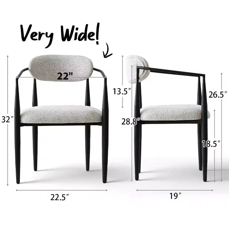 Sedie da pranzo con braccioli in ciniglia beige/nera, set da 2 – Sedute imbottite extra larghe con gambe in metallo
