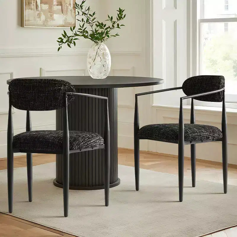 Sedie da pranzo con braccioli in ciniglia beige/nera, set da 2 – Sedute imbottite extra larghe con gambe in metallo