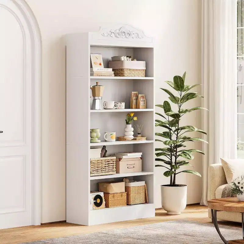 Libreria aperta bianca a 5 ripiani con mensola, singola