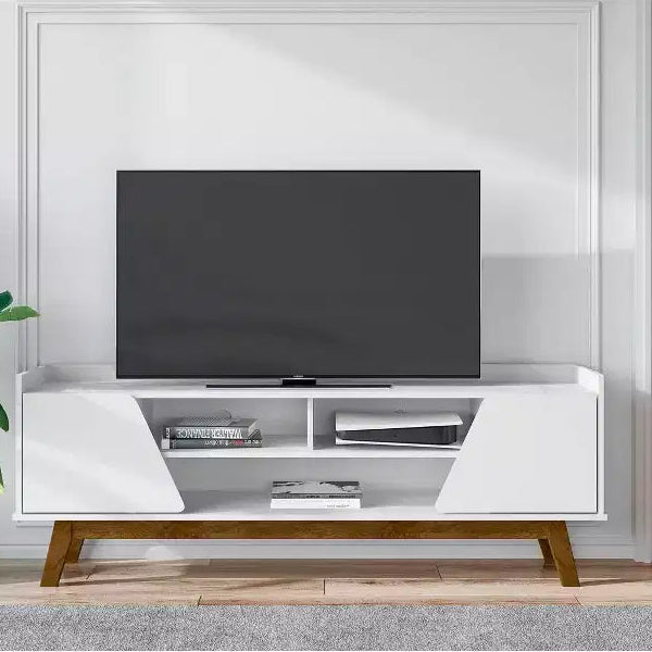 Mobile TV bianco moderno di metà secolo, adatto per TV fino a 65"