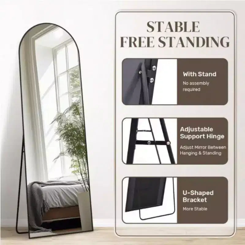 Specchio a figura intera da pavimento ad arco nero/oro da 45,7 cm x 147,3 cm, autoportante, per 1 persona